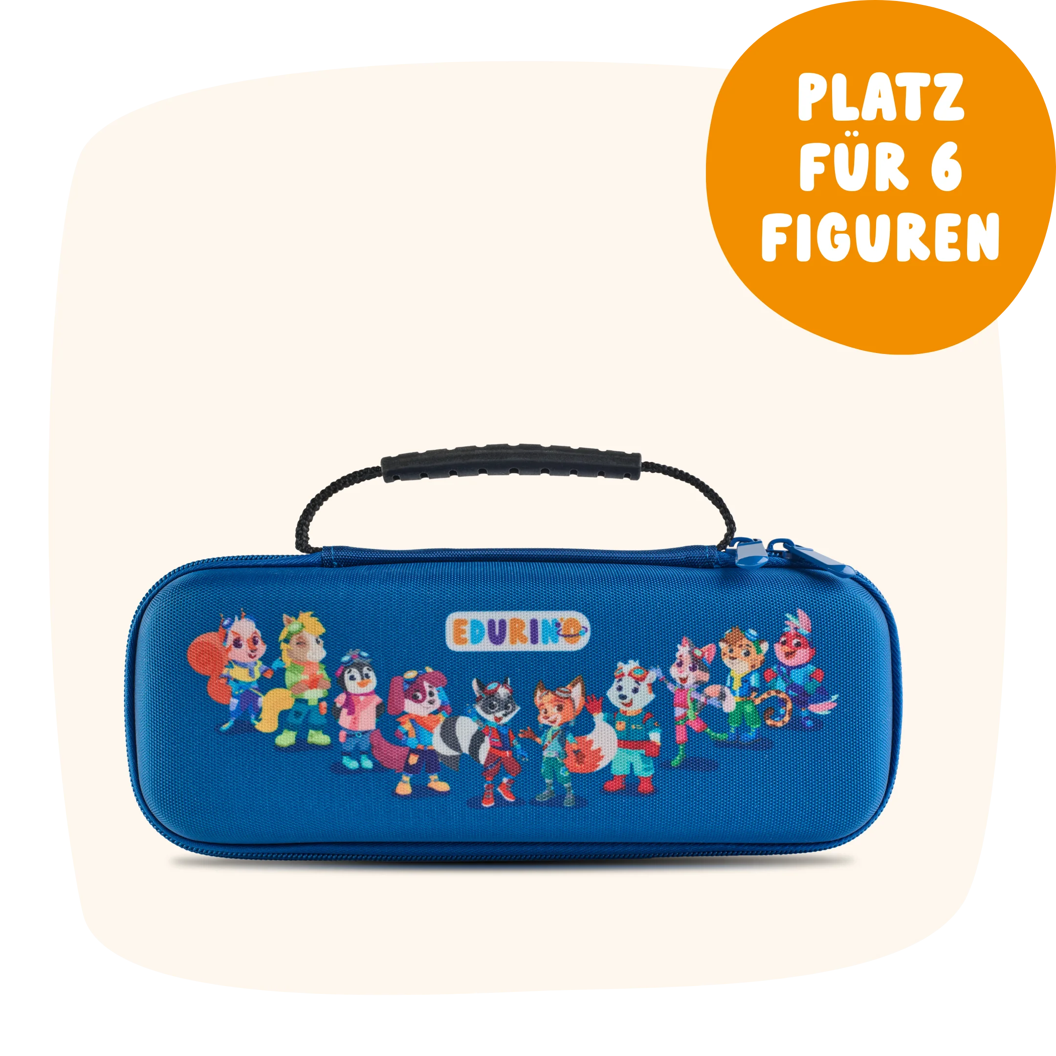 Das Edurino DE Kleines Sammel-Mäppchen ist ein blaues Etui mit Reißverschluss, auf dem Cartoon-Tierfiguren abgebildet sind und das mit "Platz für 6 Figuren" beschriftet ist.