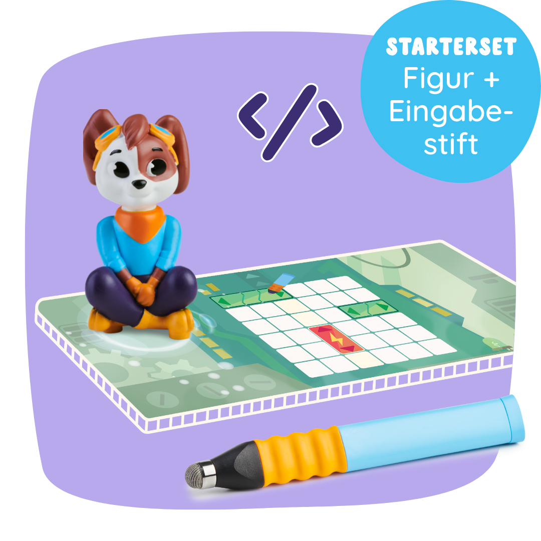Das Set "Logisches Denken & Coding" von Edurino DE Luca besteht aus einer Hundefigur, einem Stift und einem Codierspielbrett auf lila Hintergrund.