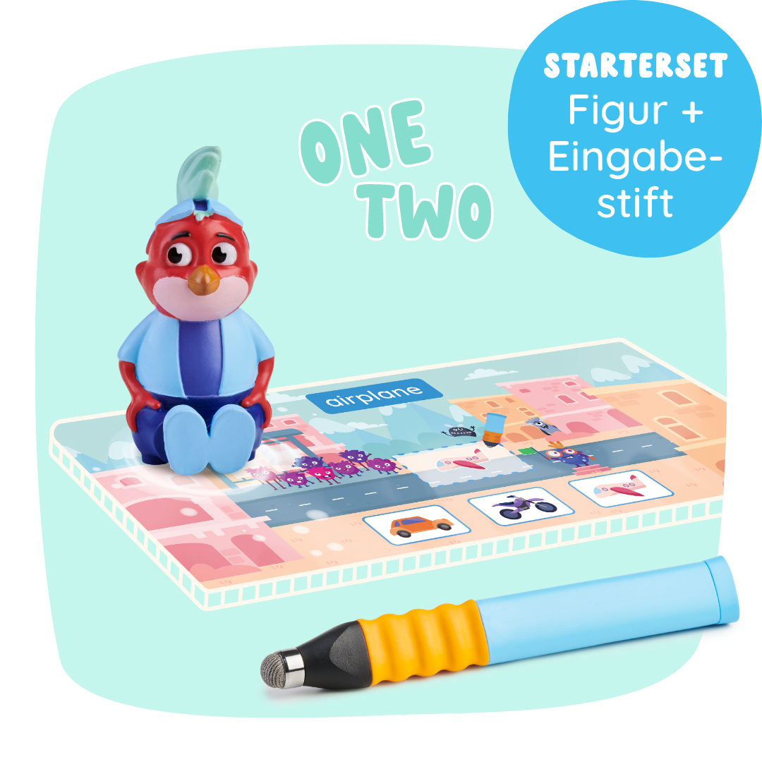 Das Niki "Erstes Englisch" STARTERSET von Edurino DE enthält eine Spielzeug-Vogelfigur, einen interaktiven Stift und eine illustrierte Flugzeugmatte.