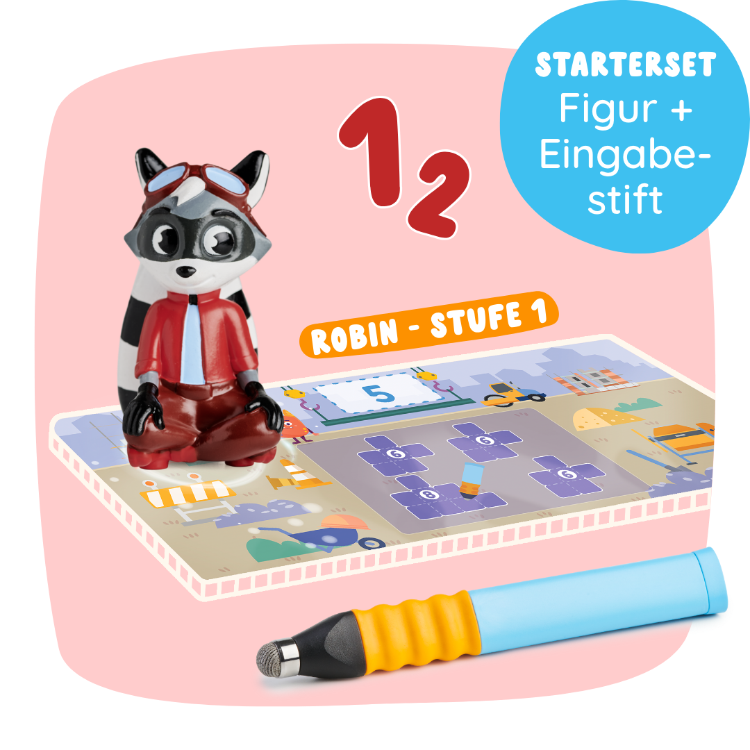 Das Robin "Zahlen & Mengen" - Stufe 1 Starterset von Edurino DE enthält eine Waschbärenfigur, einen interaktiven Stift und ein buntes Spielbrett.