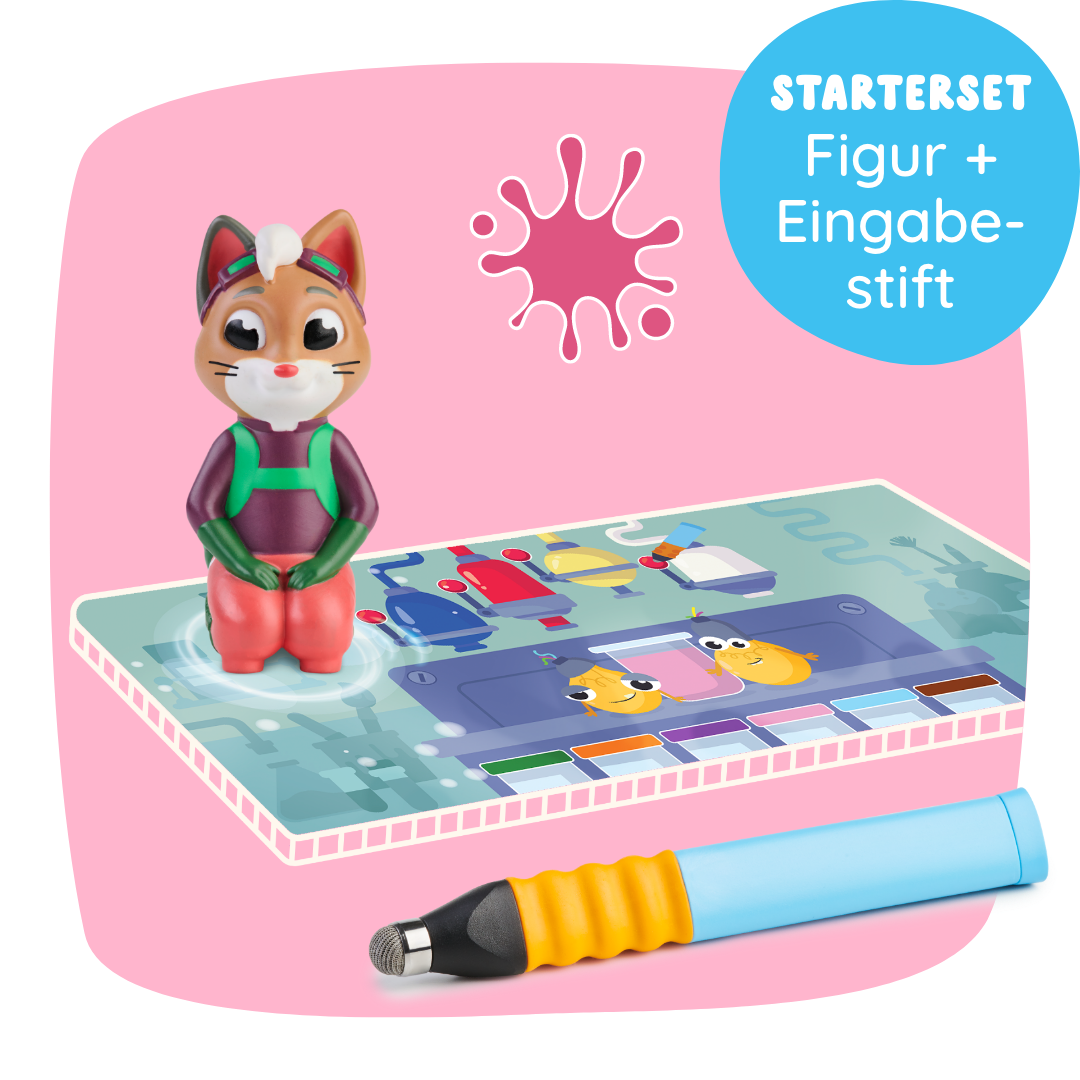 Yuki "Kreativität & Malen" von Edurino DE: Enthält eine Katzenfigur, eine interaktive Karte mit Zeichentrickfiguren und einen blau-gelben Stift auf rosa Hintergrund.