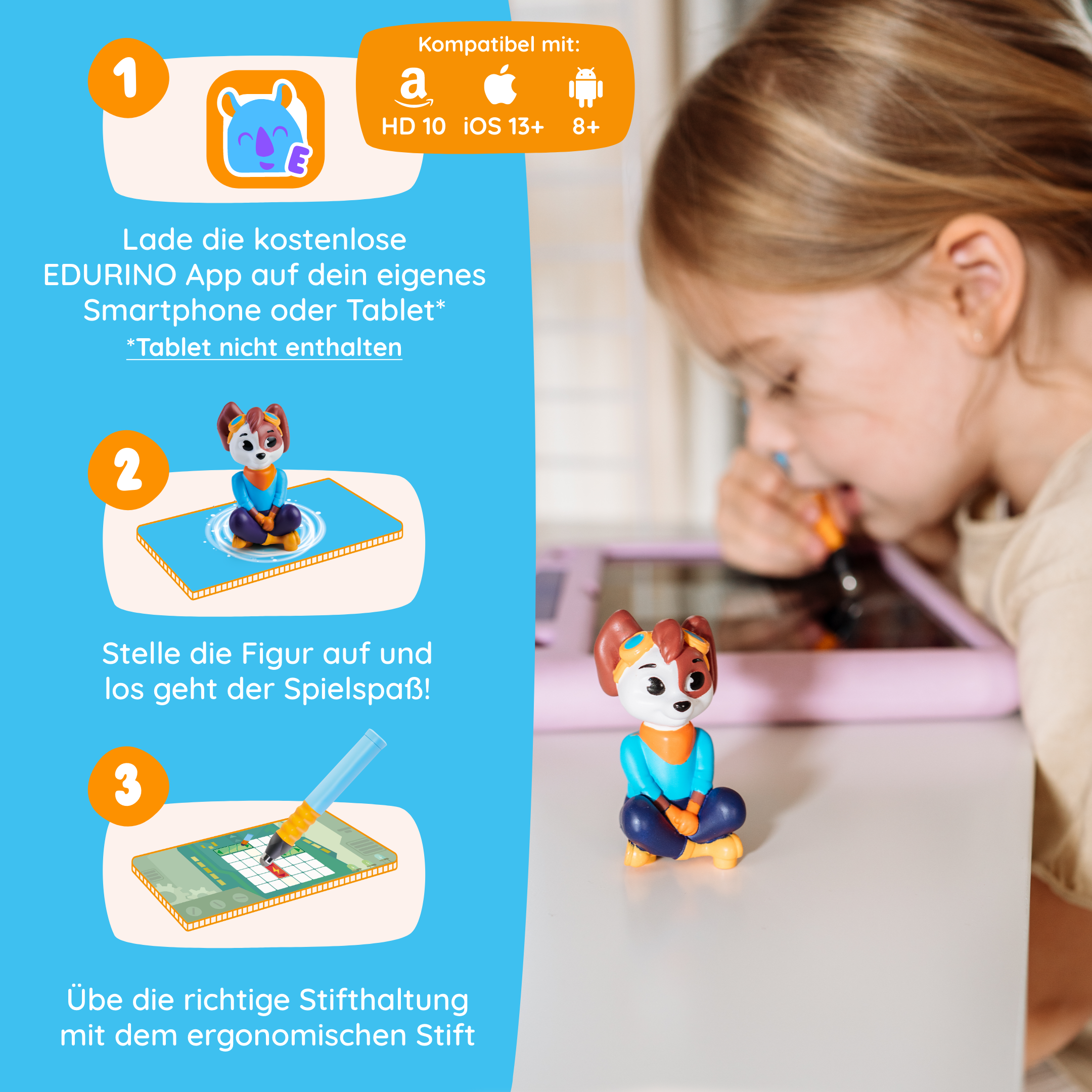 Ein Mädchen benutzt das Edurino DE Ultimatives Starter-Bundle Tablett und Stift mit einer Tierfigur; die deutsche Anleitung steht links.