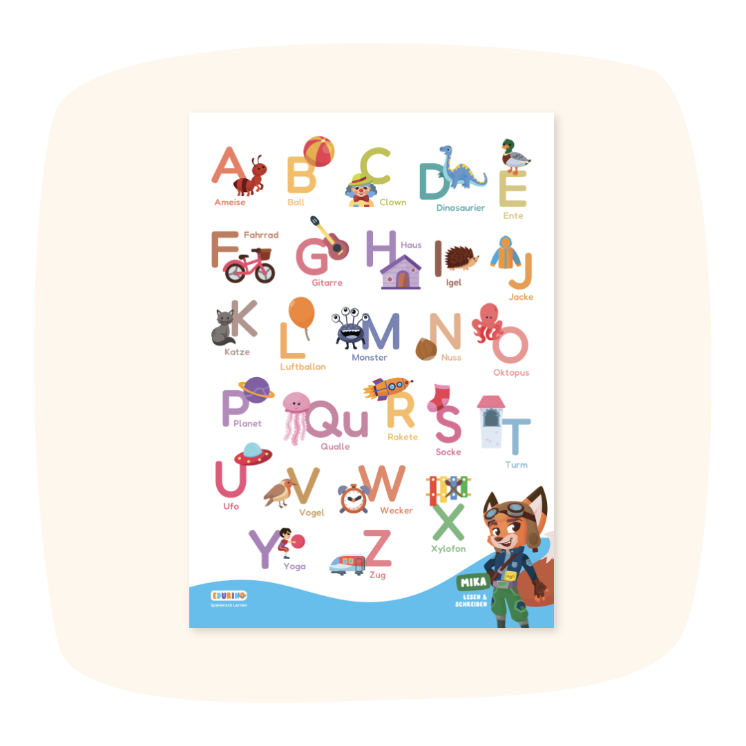 Das ABC-Poster DIN-A1 von Zubehör zeigt skurrile Illustrationen der Buchstaben A-Z mit einer Zeichentrickfigur, einem Fuchs, am unteren Rand und enthält deutsche Wörter.