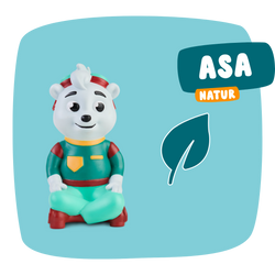 Ein weißer Cartoon-Bär im bunten Outfit sitzt neben dem Asa-Text "Unsere Natur", einem einfachen Blatt und blauem Hintergrund - und lädt kleine Entdecker ein, mit Edurino DE heimische Tiere und Pflanzen zu entdecken.