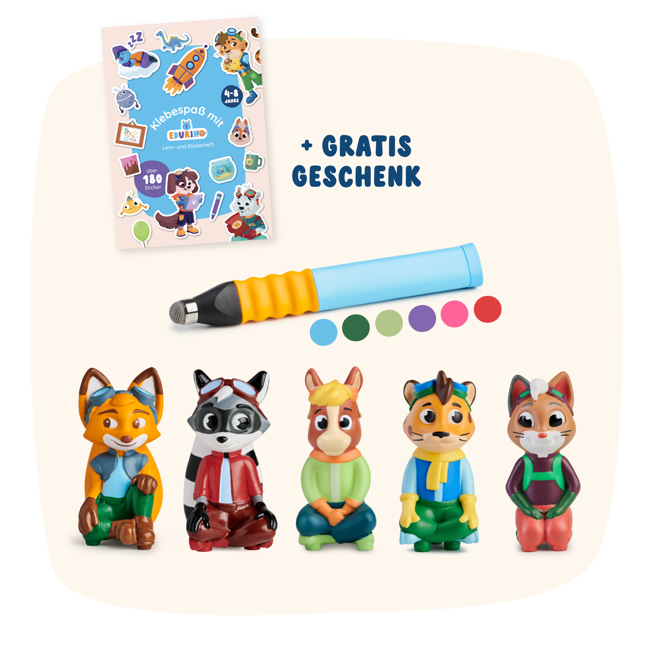 Das Edurino DE Bestseller-Bundle enthält fünf Tierfiguren, einen Stift, bunte Punkte, Aufkleber und die Aufschrift "+ Gratis Geschenk" auf hellem Hintergrund.