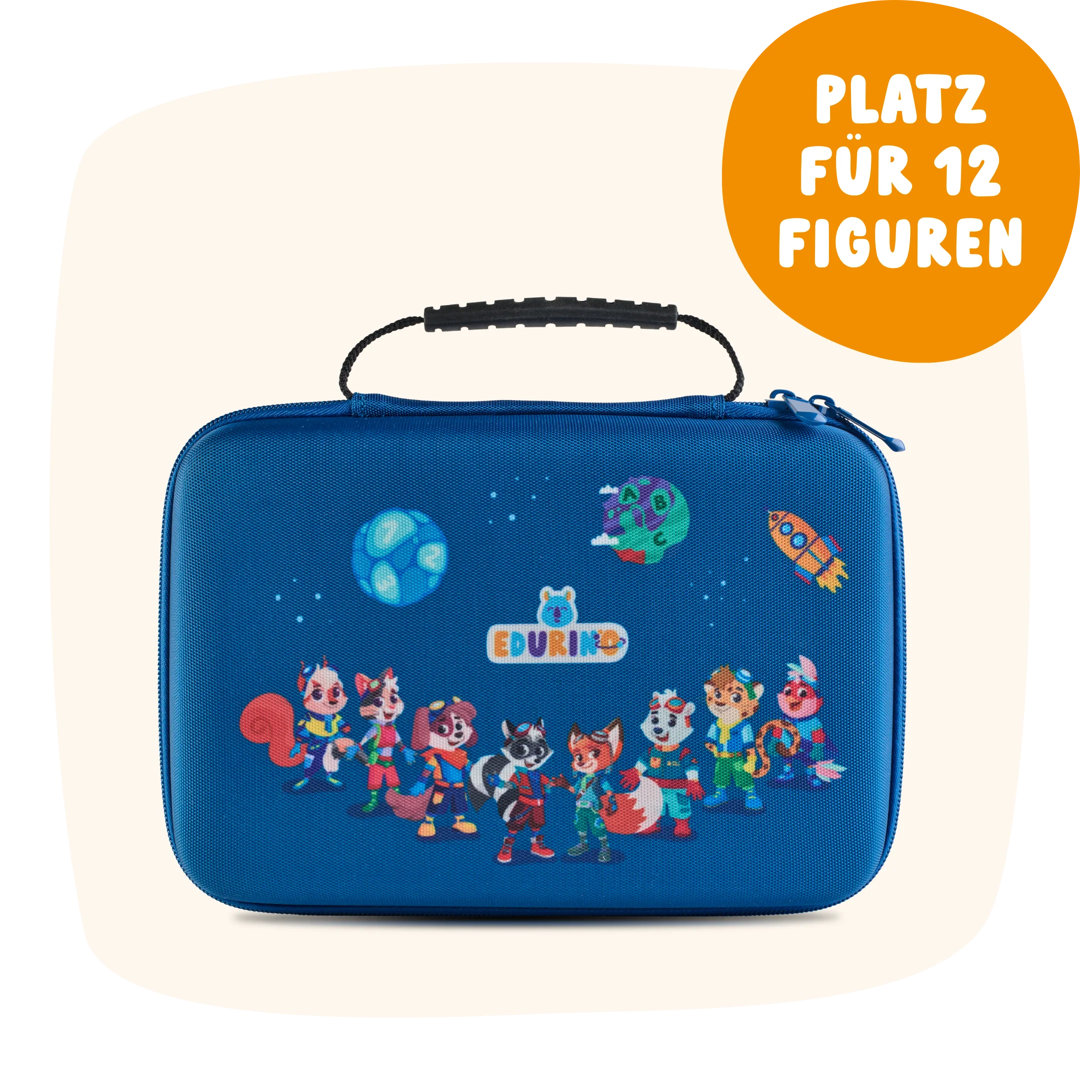 Großes Sammel-Mäppchen von Zubehör: Blaues Etui mit Cartoon-Tiermotiven und EDURINO-Logo, orangefarbene Sprechblase „Platz für 12 Figuren“.