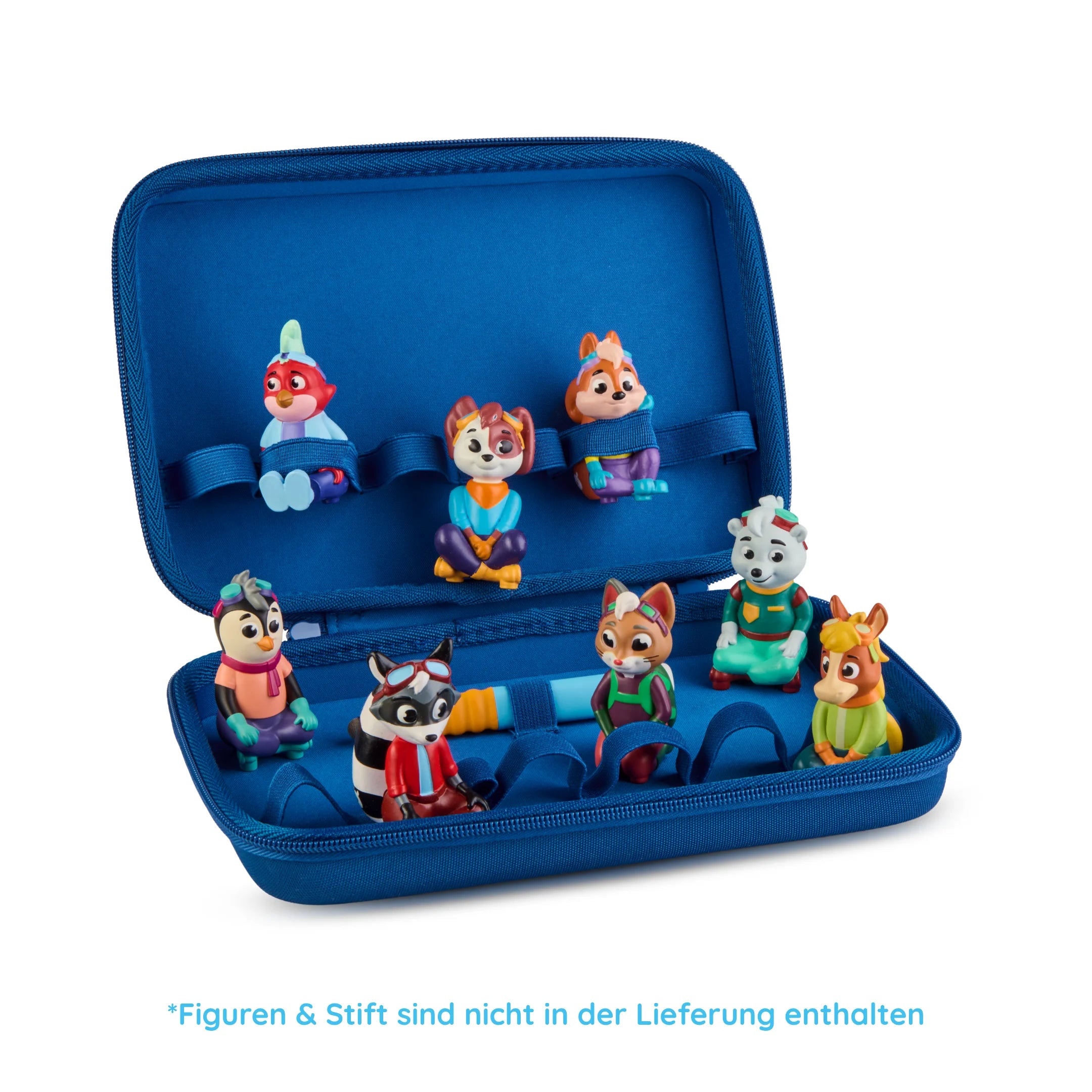 Ein Großes Sammel-Mäppchen von Zubehör in Blau, das geöffnet ist und darin acht farbenfrohe Tierfiguren ordentlich angeordnet präsentiert.