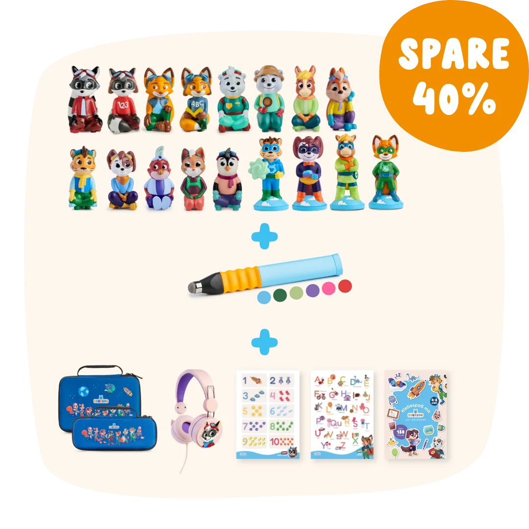 Das individuelle Bundle Builder-Paket umfasst ein Figurenset, einen Stift, Kopfhörer, eine Hülle und Stickerbögen mit einem „Sparen Sie 40 %“-Label in der oberen rechten Ecke.