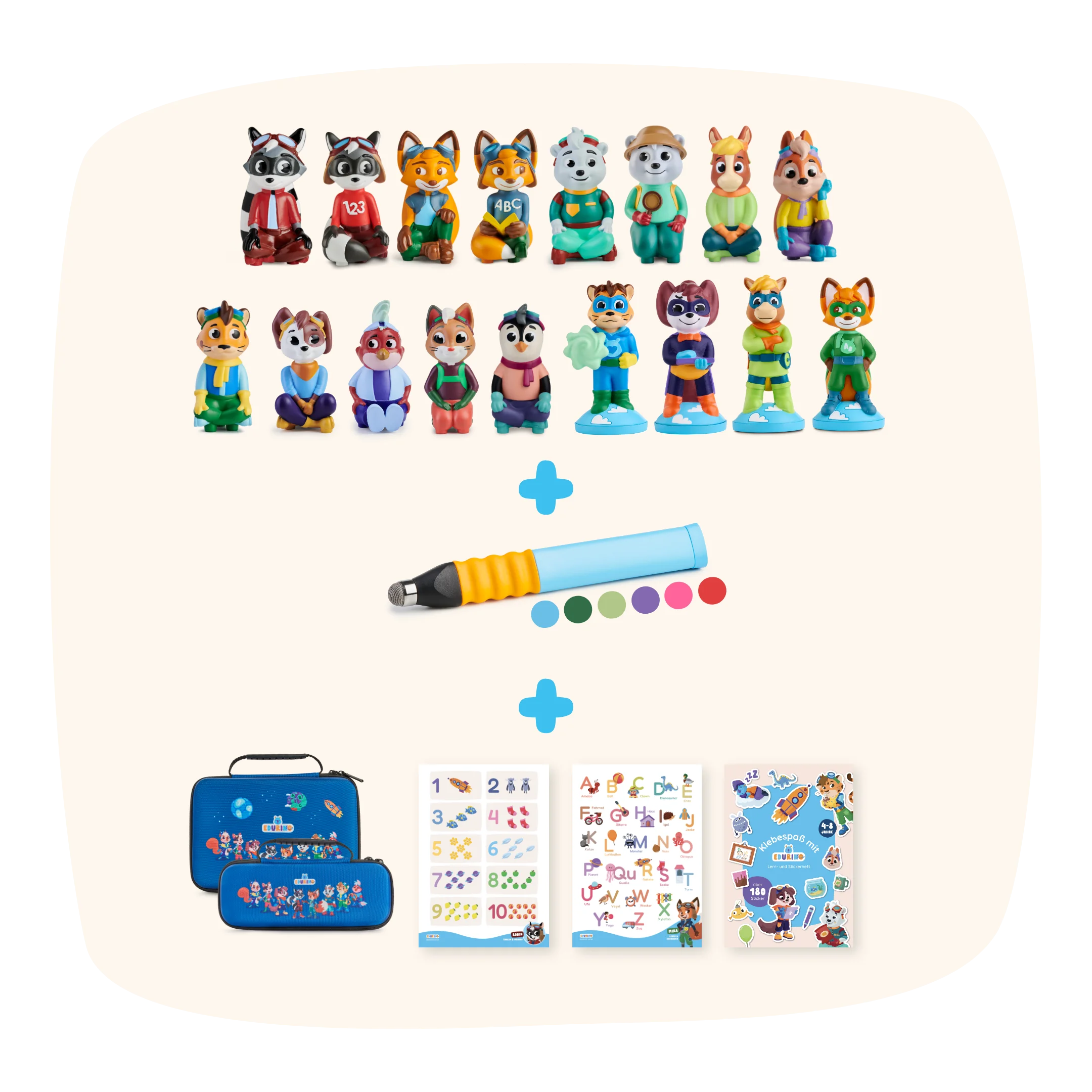 Das Edurino DE Individuelles Bundle enthält Tierfiguren, einen mehrfarbigen Stift, ein Federmäppchen und drei illustrierte Notizbücher.