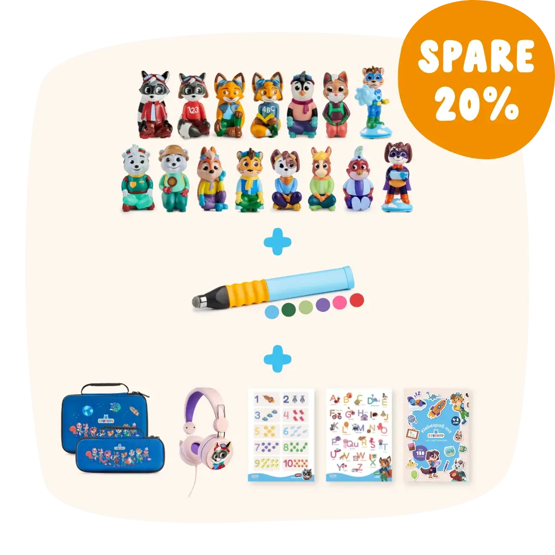 Das Individuelles Bundle von Bundle Builder enthält Spielzeugtierfiguren, einen mehrfarbigen Stift, ein blaues Etui, Kopfhörer und 20 % Rabatt auf Beschäftigungsbücher.