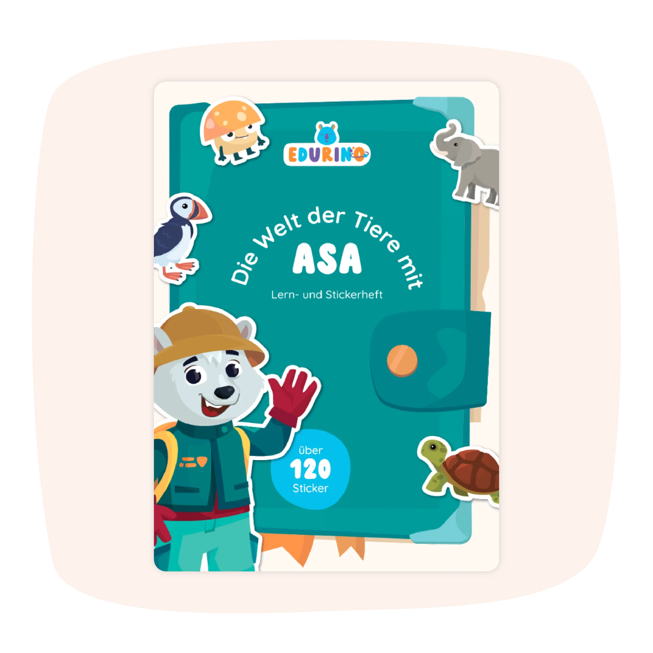 Das Tiere Asa Stickerbuch von Edurino DE verfügt über ein Cover mit Tierillustrationen und dem Spruch „Die Welt der Tiere mit ASA“.