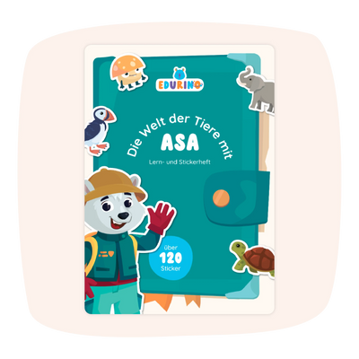 Das "Tiere Asa Stickerbuch" von Edurino DE ist ein deutsches Kinder-Stickerbuch mit bunten Cartoon-Tieren.