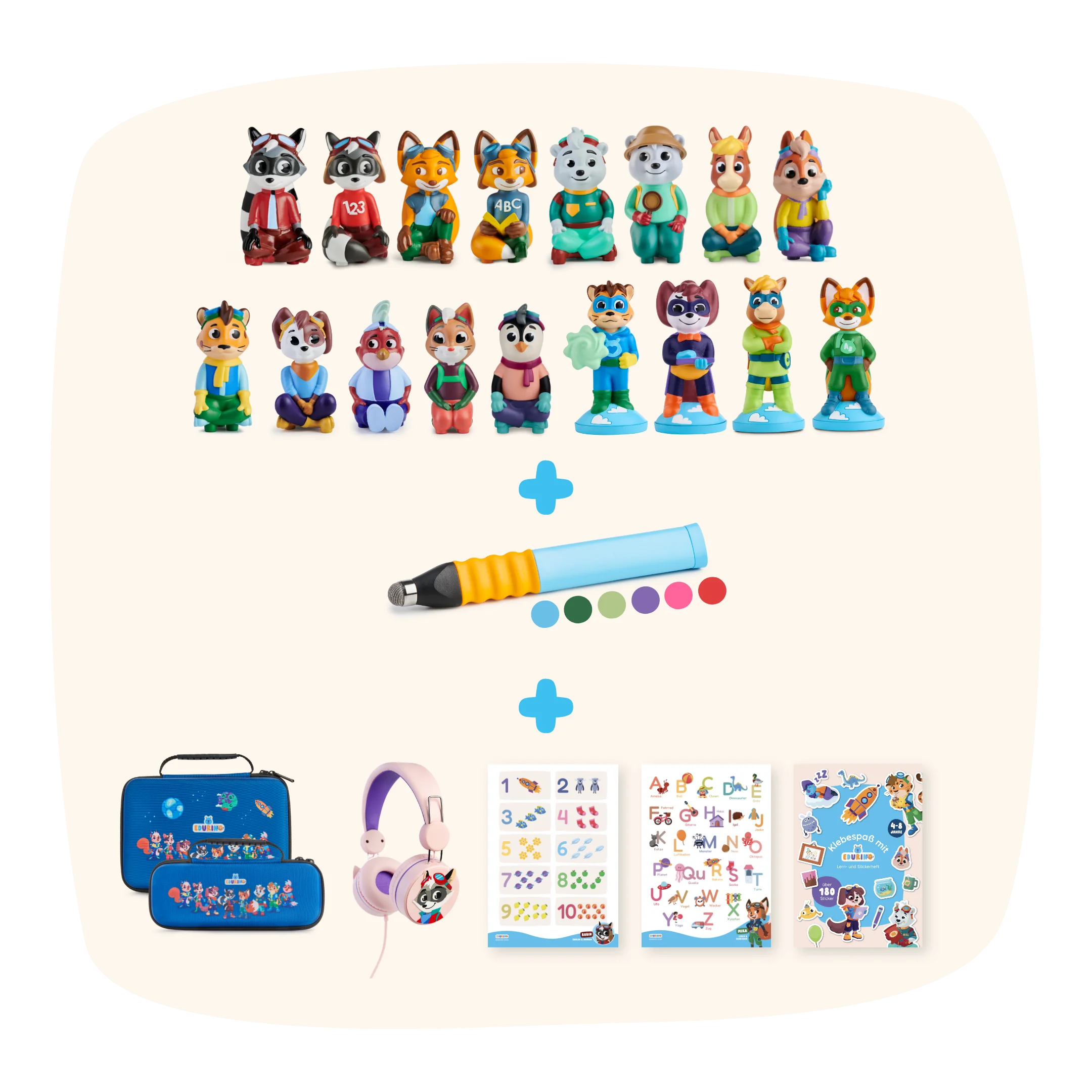 Das individuelle Bundle Builder-Paket enthält Spielzeugtierfiguren, einen Marker mit mehreren Spitzen, eine blaue Tragetasche, Kopfhörer und Aufkleberbögen.