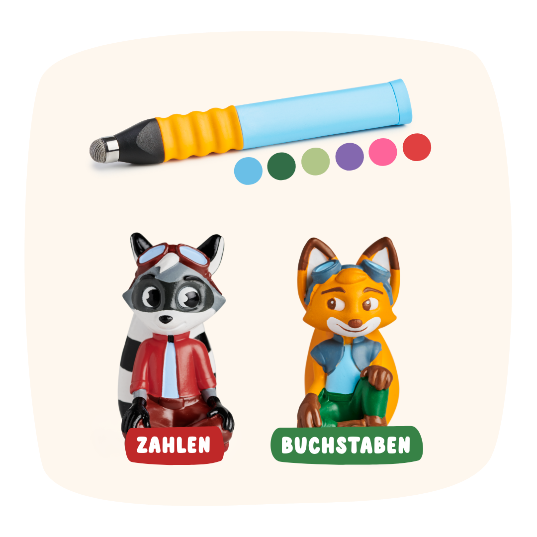 Das Edurino DE Basis Starter-Bundle enthält einen Spielzeuggriffel, fünf bunte Punkte, einen Waschbären mit der Aufschrift "Zahlen" und einen Fuchs mit der Aufschrift "Buchstaben" auf weißem Hintergrund.