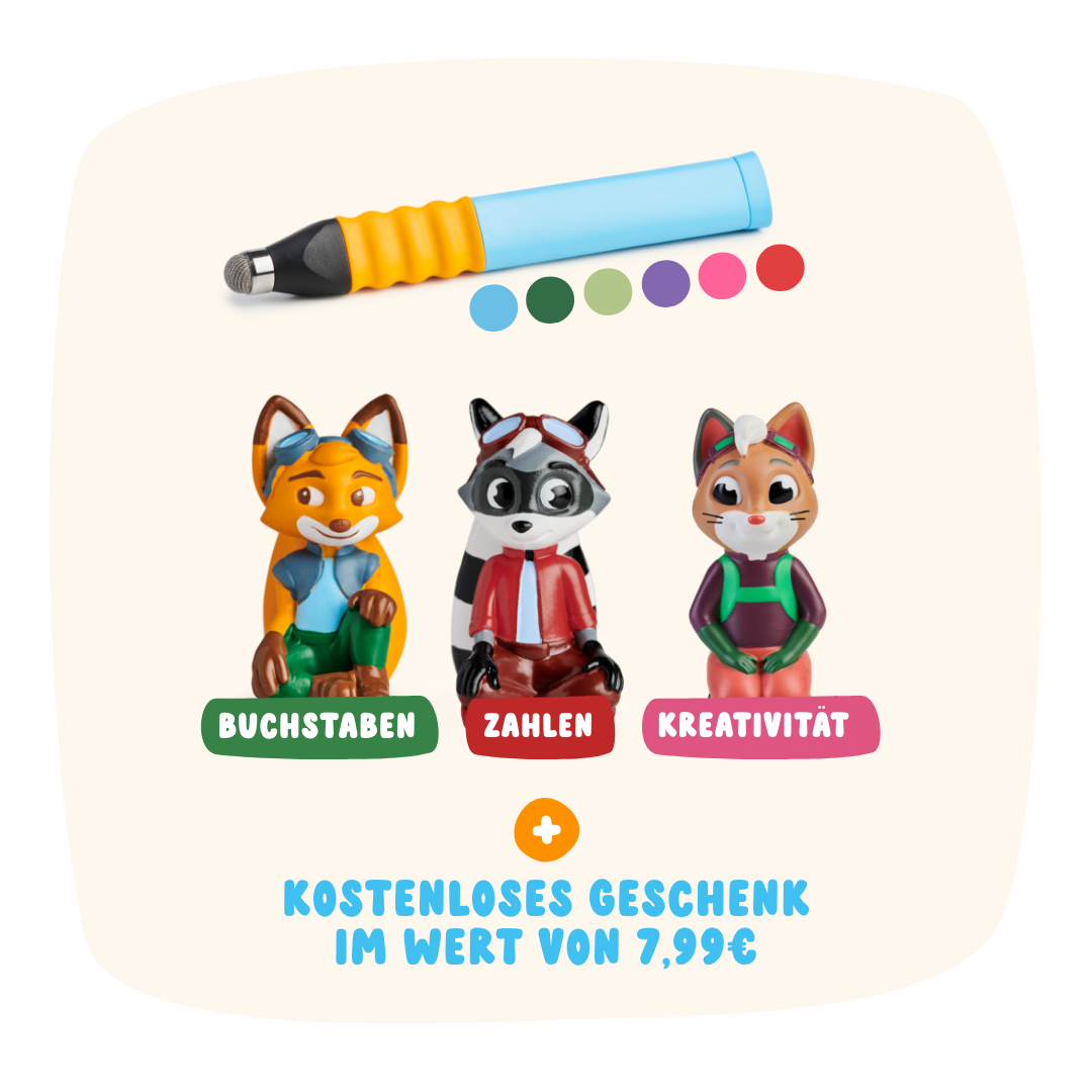 Das Edurino DE Bestseller-Bundle enthält drei Tierfiguren, einen gelb-blauen Stift und bunte Punkte mit deutschem Text über ein kostenloses 7,99 € Geschenk.