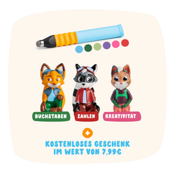 Das Edurino DE Bestseller-Bundle enthält drei Tierfiguren, einen gelb-blauen Stift und bunte Punkte mit deutschem Text über ein kostenloses 7,99 € Geschenk.