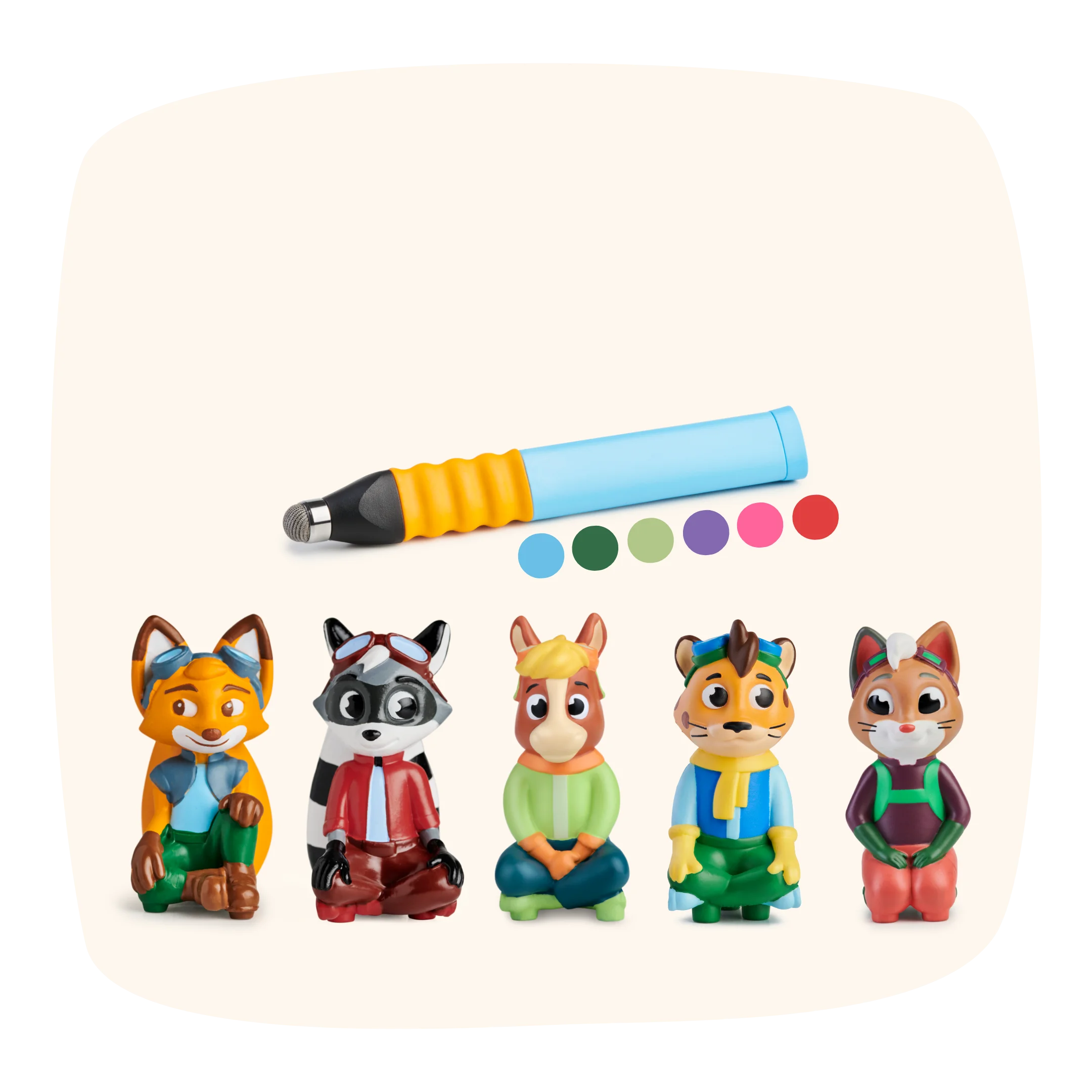 Das Angebot Bestseller-Bundle beinhaltet fünf Tierfiguren und einen blauen Lackstift, wobei über den Figuren sechs Lackfarben als Punkte abgebildet sind.