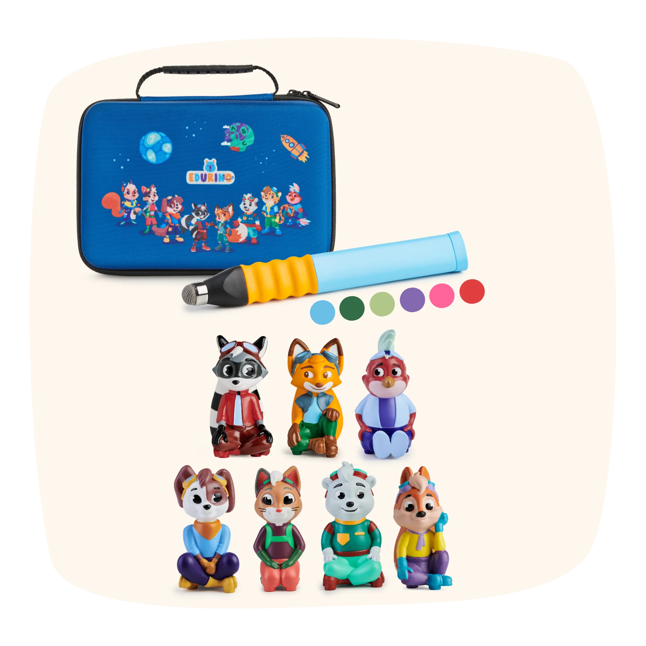 Das Ultimatives Starter-Bundle von Angebot beinhaltet ein blaues Etui, sechs Tierfiguren, einen blau-gelben Stift und sechs farbige Punkte auf hellem Untergrund.