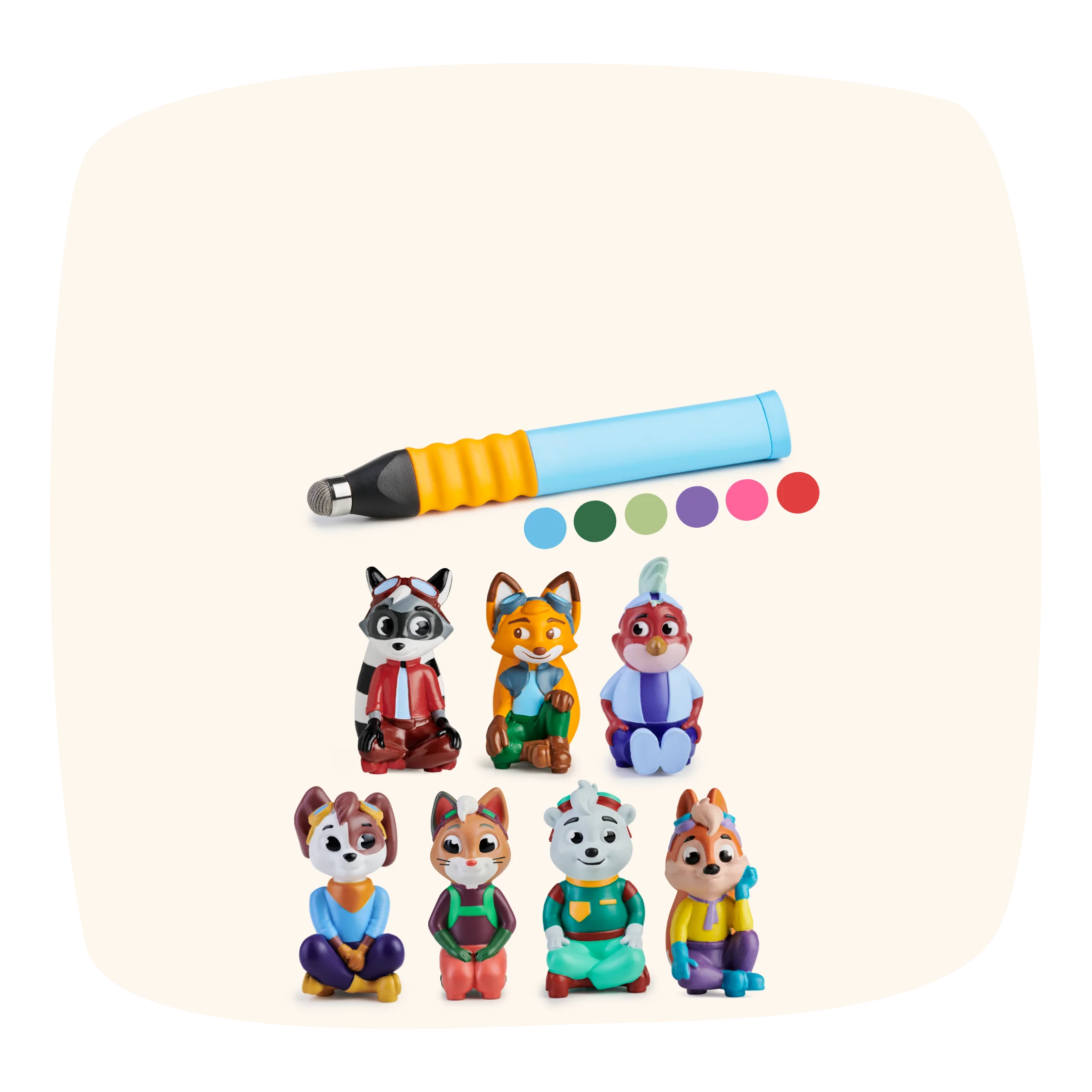 Das Ultimatives Starter-Bundle von Angebot enthält einen Stift mit bunten Tintenpunkten über sechs sitzenden Tierfiguren.