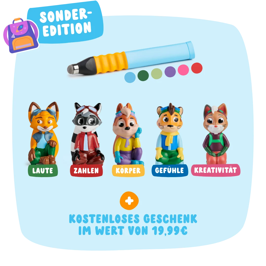 Das Edurino DE Erstes Lern-Bundle enthält fünf bunte Tierfiguren und einen Stift, kommt als Sonderedition mit deutschem Text und enthält ein Gratis-Geschenk im Wert von 19,99 €.