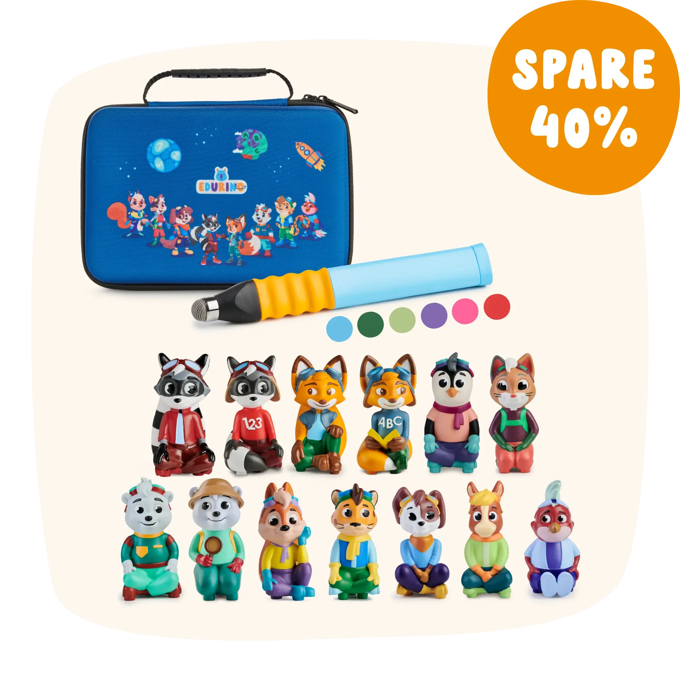 Angebot Gesamtpaket: blaues Etui, interaktiver Stift, 12 bunte Tierfiguren – alles mit einem 40%-Rabatt-Badge.