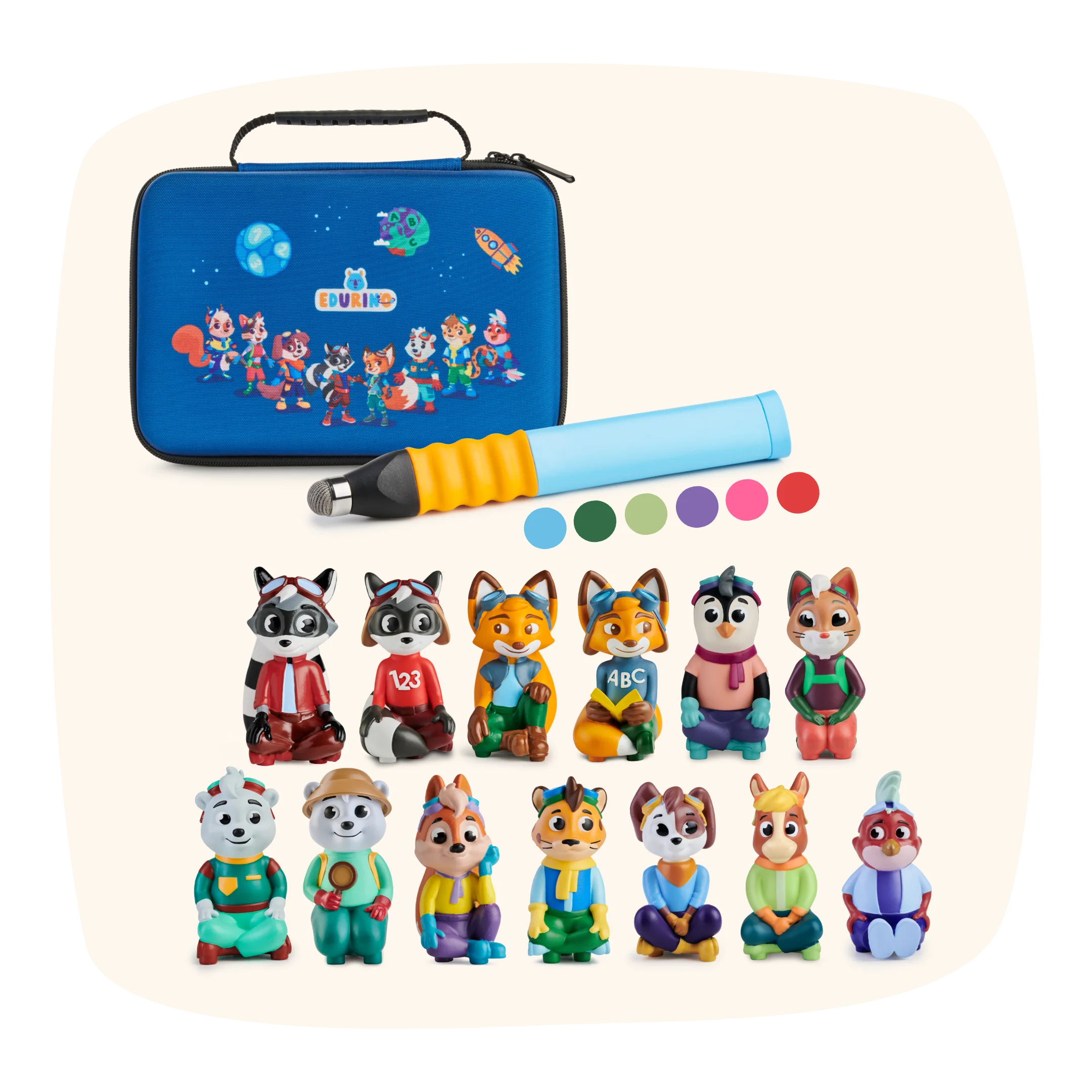 Das Angebots-Gesamtpaket umfasst ein blaues Etui, einen Stift, bunte Punkte und 12 Tierfiguren in lebendigen Outfits.