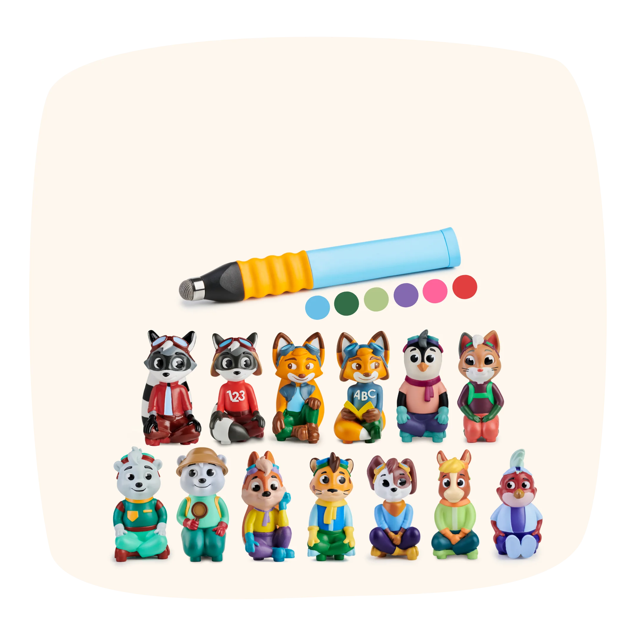 Das Angebot Gesamtpaket beinhaltet einen blau-gelben Stift mit 12 Tierfiguren und 6 bunten Punkten darunter.