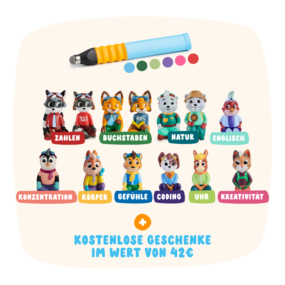 Die Edurino DE Lernreise XL enthält bunte Tierfiguren und einen Stift, die jeweils mit einem Lernthemenaufkleber versehen sind, sowie kostenlose Geschenke im Wert von 42 €.