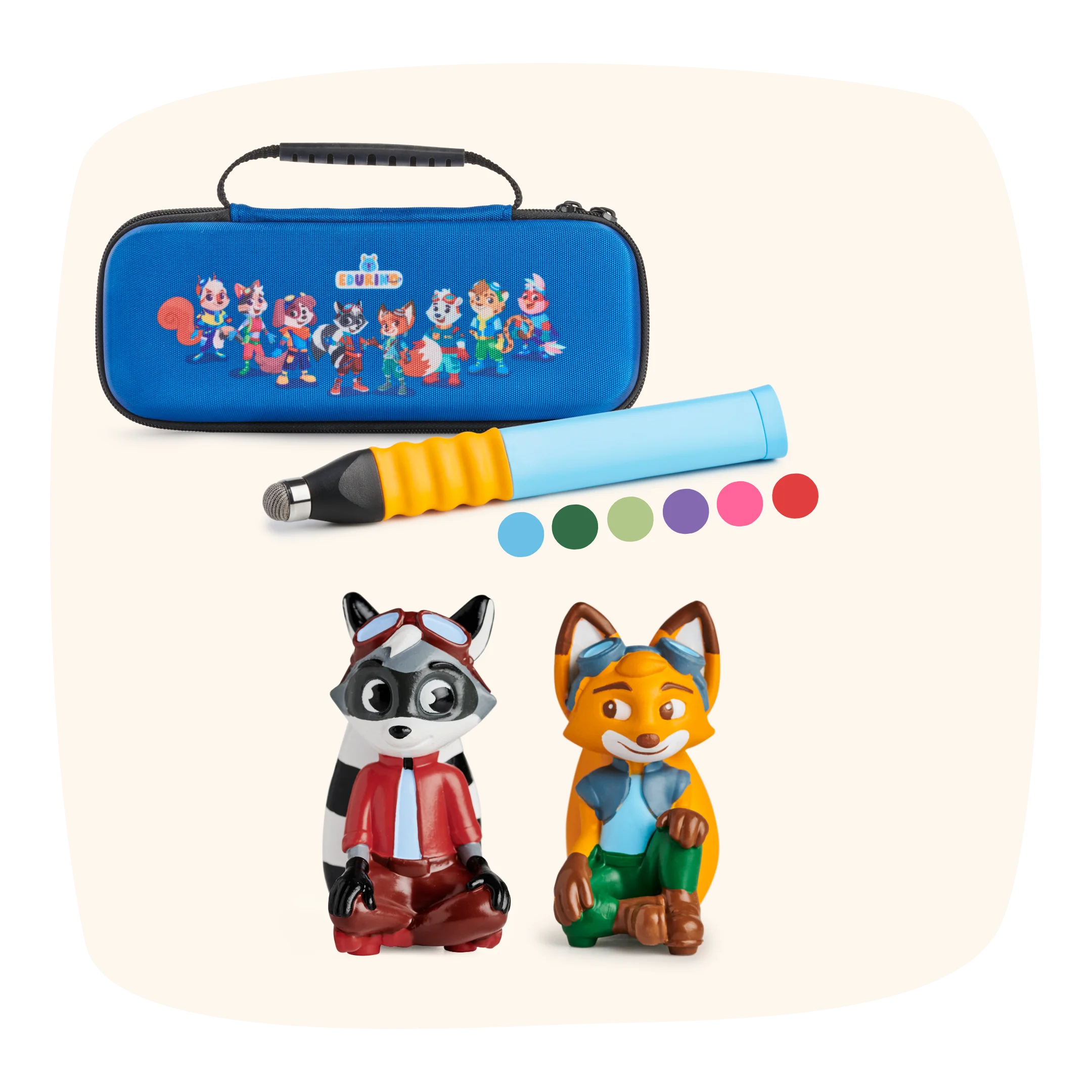 Das Edurino DE Lesezauber & Zahlenspaß Set besteht aus einem blauen Etui mit Tierfiguren, einem Stift, 6 Farbpunkten und Waschbär- und Fuchsfiguren - so macht das Erlernen von Buchstaben und Zahlen spielerisch Spaß!.