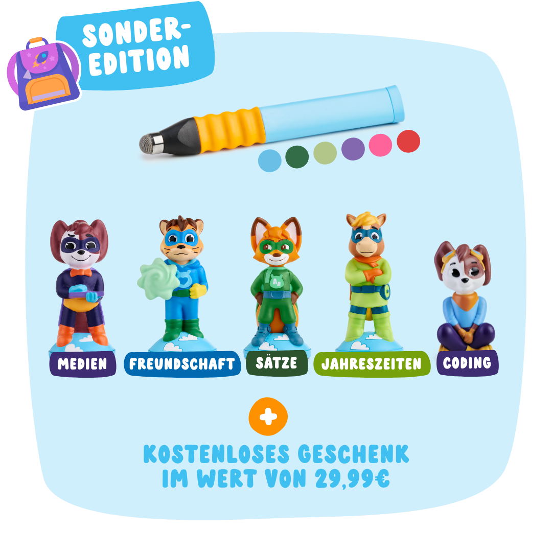 Das Schulkind-Bundle von Edurino DE besteht aus fünf thematischen Tierfiguren und einem Kugelschreiber, die zusammen in einer Werbegrafik der Sonderedition präsentiert werden.