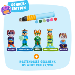 Das Schulkind-Bundle von Edurino DE besteht aus fünf thematischen Tierfiguren und einem Kugelschreiber, die zusammen in einer Werbegrafik der Sonderedition präsentiert werden.