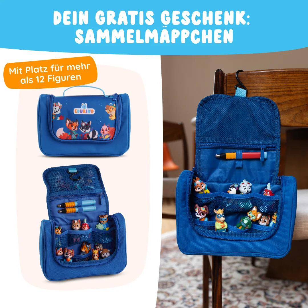 Das Edurino DE Schulkind-Bundle enthält eine blaue Paw Patrol-Organisationstasche zur Aufbewahrung von Sammelfiguren, die sowohl offen als auch geschlossen gezeigt wird.