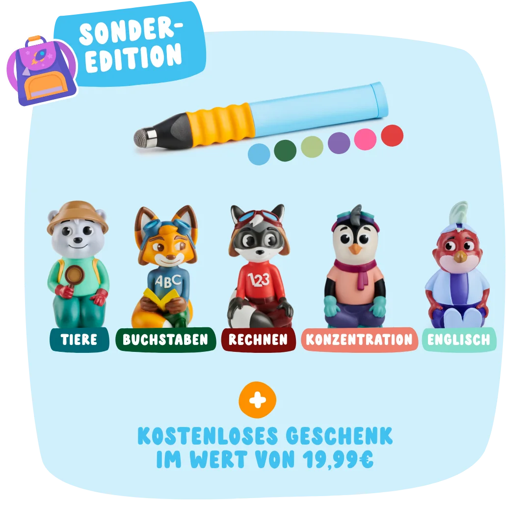 Das Edurino DE Schulstart-Bundle enthält fünf bunte Tierfiguren und einen blau-gelben Stift, jeweils mit thematischen Aufklebern und deutschem Text darunter.