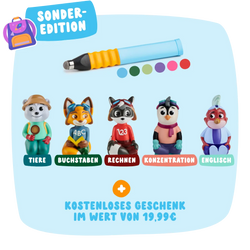 Das Edurino DE Schulstart-Bundle enthält fünf bunte Tierfiguren und einen blau-gelben Stift, jeweils mit thematischen Aufklebern und deutschem Text darunter.