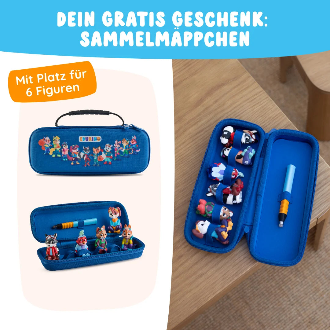 Das Schulstart-Bundle von Edurino DE besteht aus einem blauen Etui mit 6 kleinen Tierfiguren und einem Stift, der sowohl offen als auch geschlossen gezeigt wird und über dem ein deutscher Text steht.