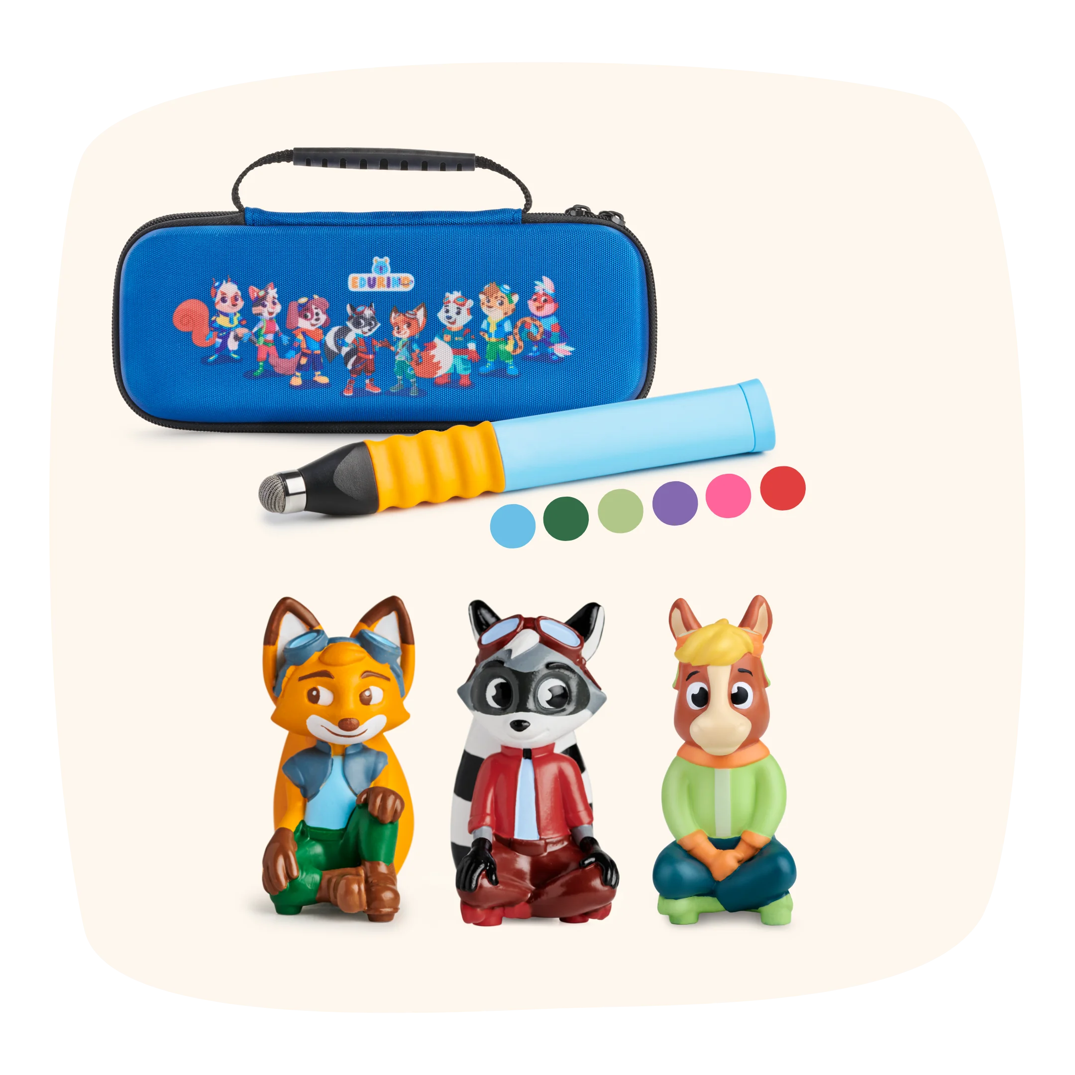 Das Angebot Basis Starter-Bundle beinhaltet ein blaues Etui, einen digitalen Stift, sechs Farbpunkte und drei Tierfiguren – perfekt als Malset für Kinder.