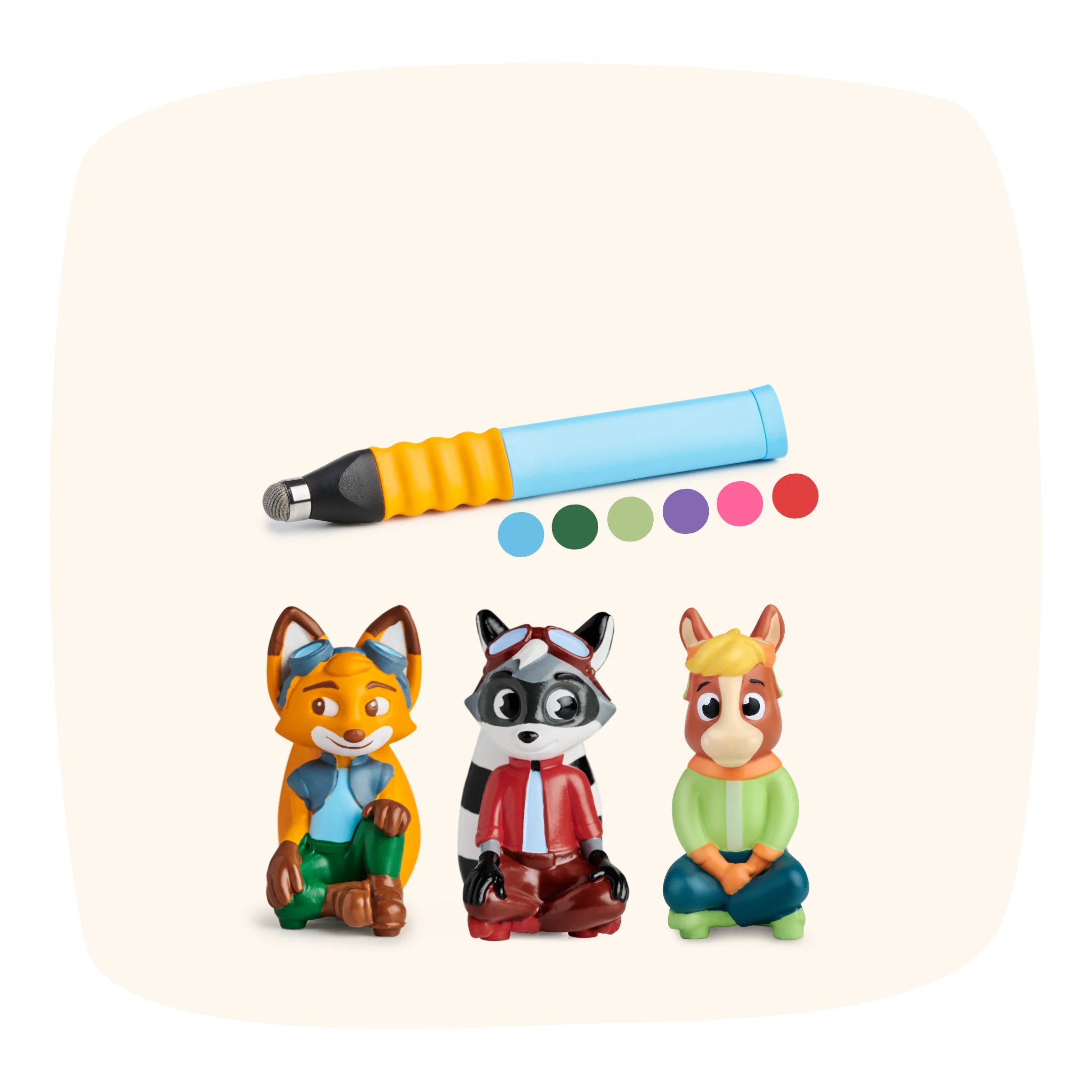 Unter einem blauen Stift und sechs farbigen Punkten auf cremefarbenem Untergrund sind drei Tierfiguren abgebildet, die das Angebot Basis Starter-Bundle präsentieren.