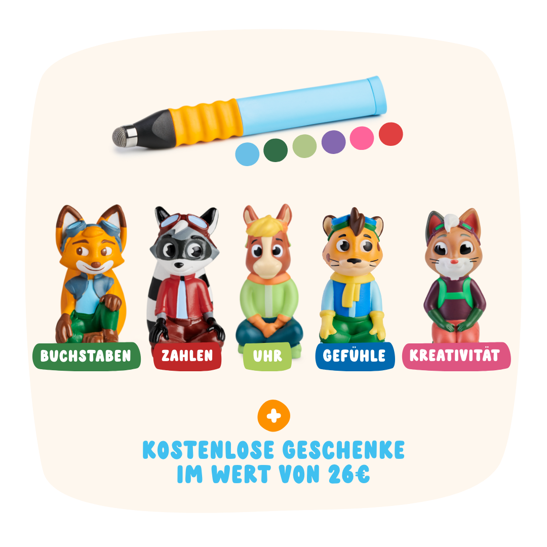 Das Edurino DE Ultimatives Starter-Bundle enthält fünf Tierfiguren, einen Stift, sechs Farbpunkte und eine deutsche Info über Gratisgeschenke im Wert von 26 €.
