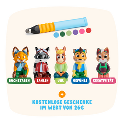 Das Edurino DE Ultimatives Starter-Bundle enthält fünf Tierfiguren, einen Stift, sechs Farbpunkte und eine deutsche Info über Gratisgeschenke im Wert von 26 €.
