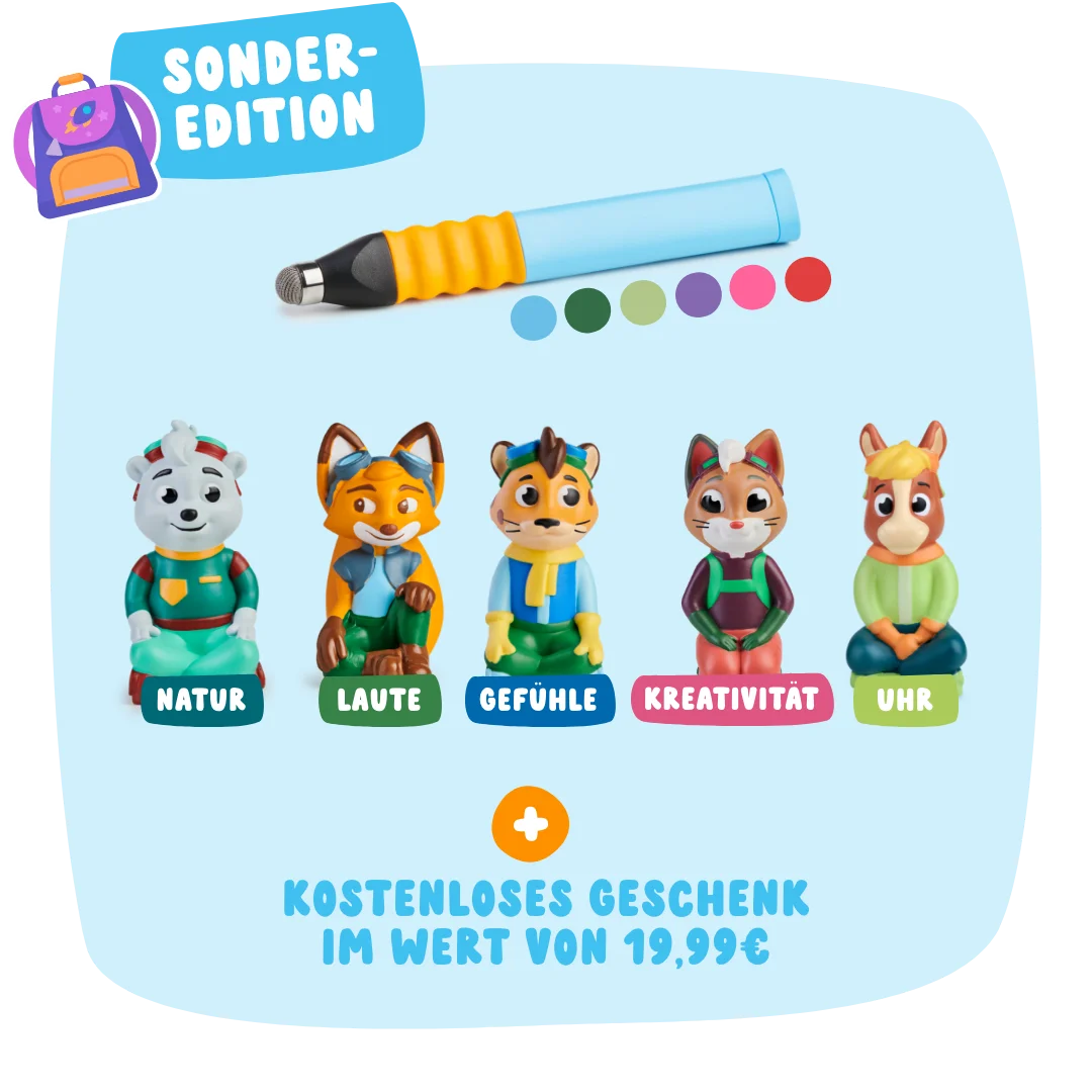 Das Edurino DE Vorschul-Bundle enthält fünf Tierfiguren und einen bunten Stift mit deutschem Text über ein kostenloses Geschenk im Wert von 19,99 €.