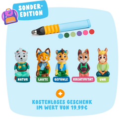 Das Edurino DE Vorschul-Bundle enthält fünf Tierfiguren und einen bunten Stift mit deutschem Text über ein kostenloses Geschenk im Wert von 19,99 €.