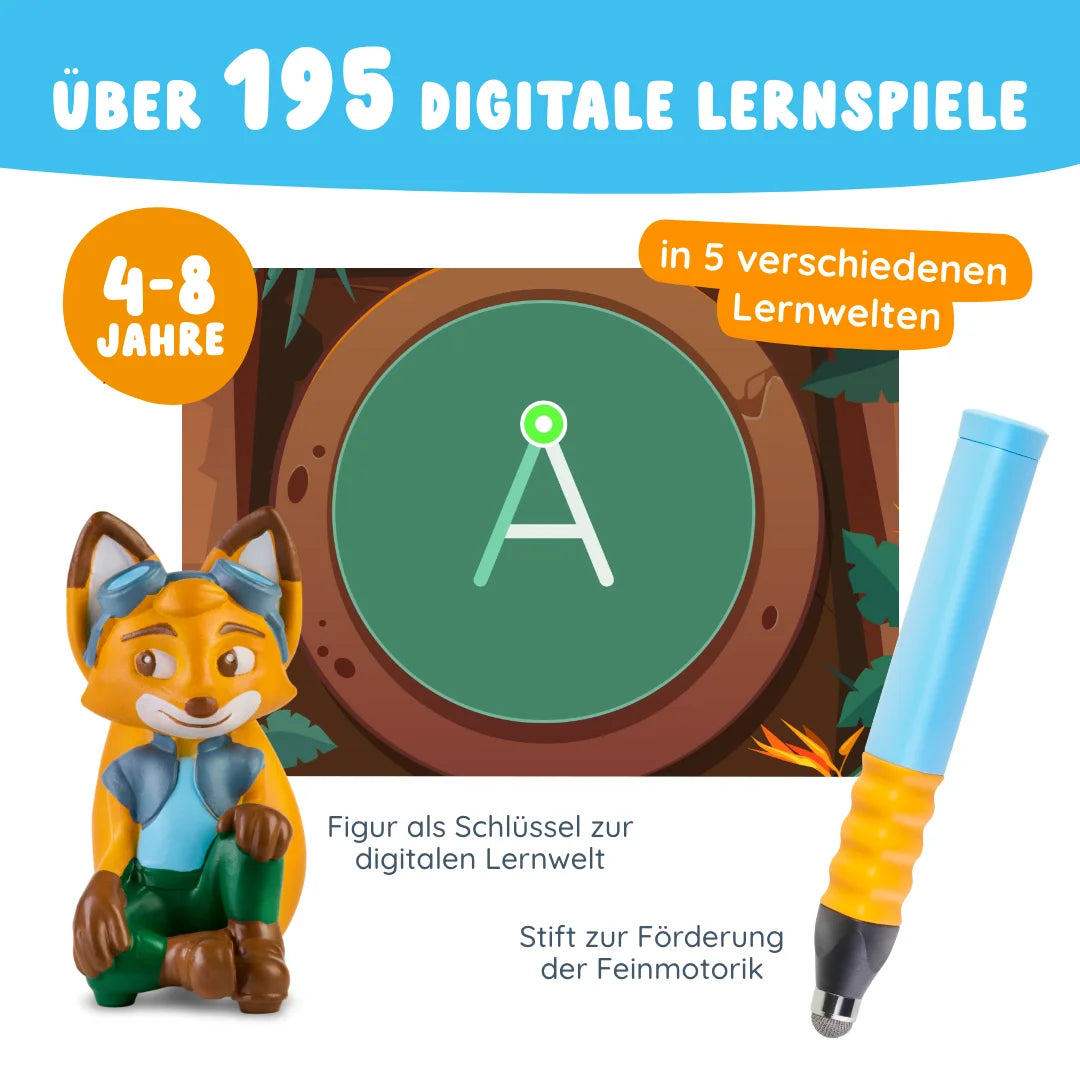 Bunte Werbung für das Vorschul-Bundle von Edurino DE mit einer Fuchsfigur, einem blauen Stift und einem Bildschirm mit der Aufschrift "A", die für digitale Lernspiele wirbt.