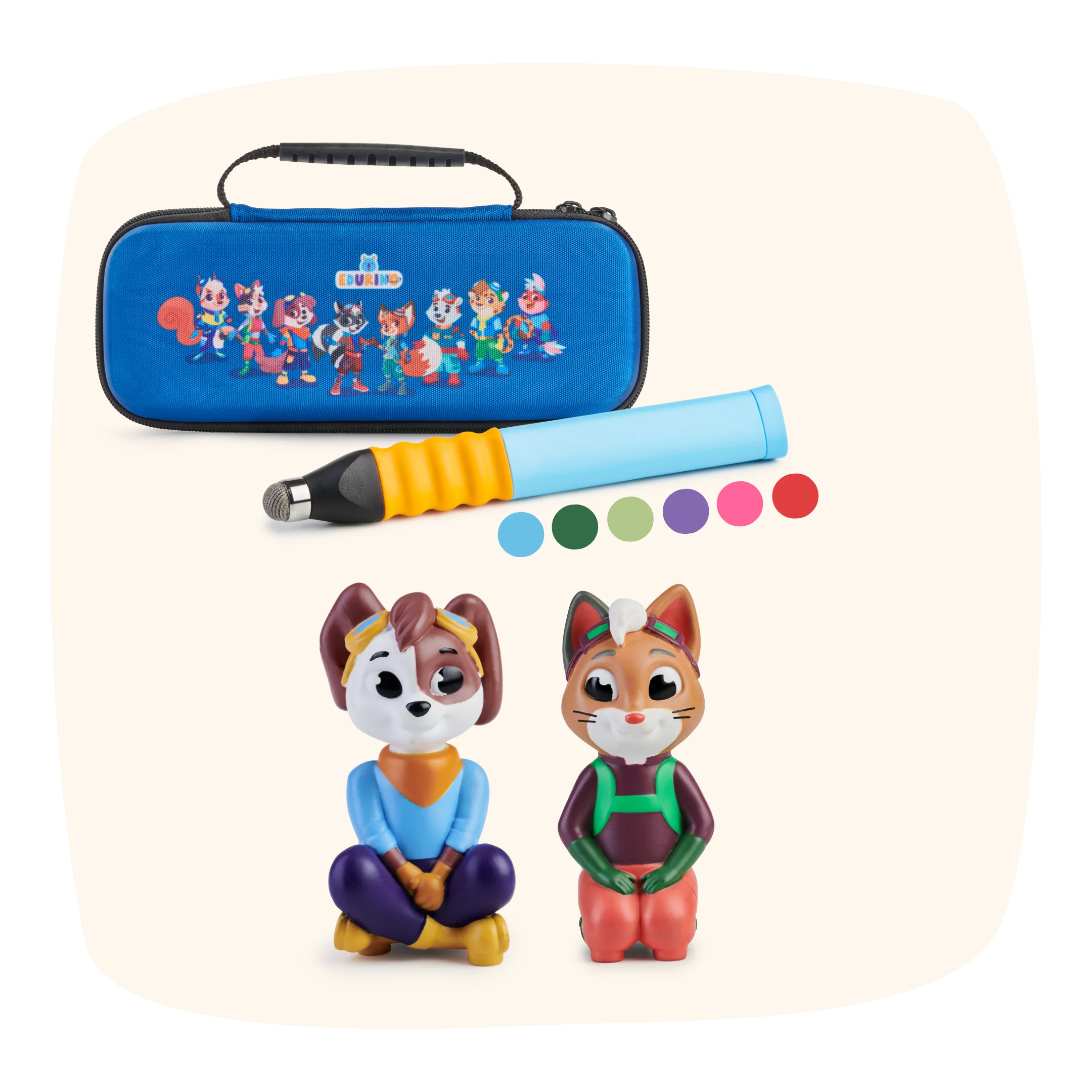 Das Edurino DE Kreativwelt & Logikspiele Set enthält ein blaues Etui mit Reißverschluss, einen Stift, fünf Malfarben und zwei Tierfiguren - perfekt für kreatives Denken auf hellem Grund.