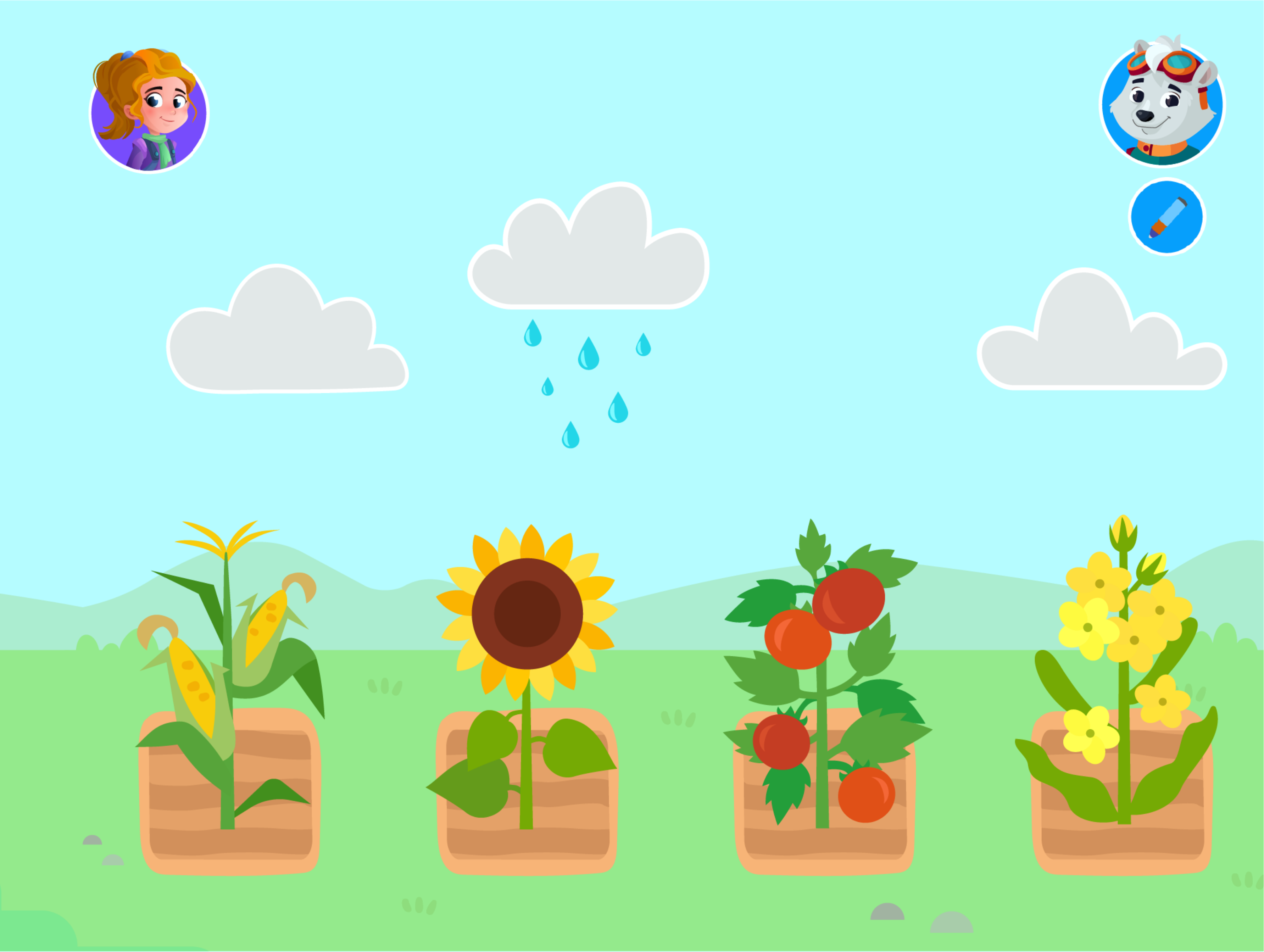 Ausschnitt aus dem Spiel: 4 Pflanzen und darüber Regenwolken
