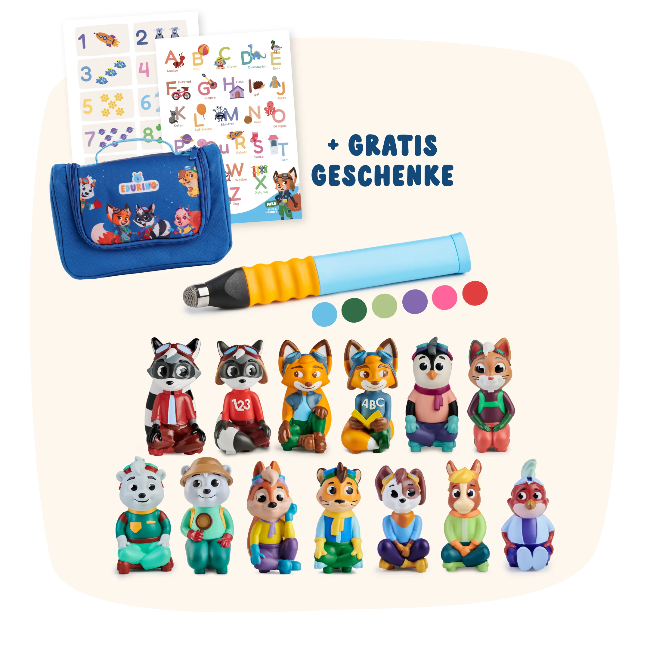 Das Edurino DE Lernreise XL Set enthält Tierfiguren, eine blaue Tragetasche, Aufkleber, einen Stift, bunte Punkte und wird mit einem Gratisgeschenk geliefert.