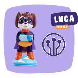 Eine Cartoon-Hund-Superheldenfigur steht auf einer Wolkenplattform mit dem Produktnamen "Luca 'Digitale Medien nutzen & verstehen'" und dem Branding von Edurino DE, das kreative digitale Inhalte vor einem leuchtend lila Hintergrund symbolisiert.