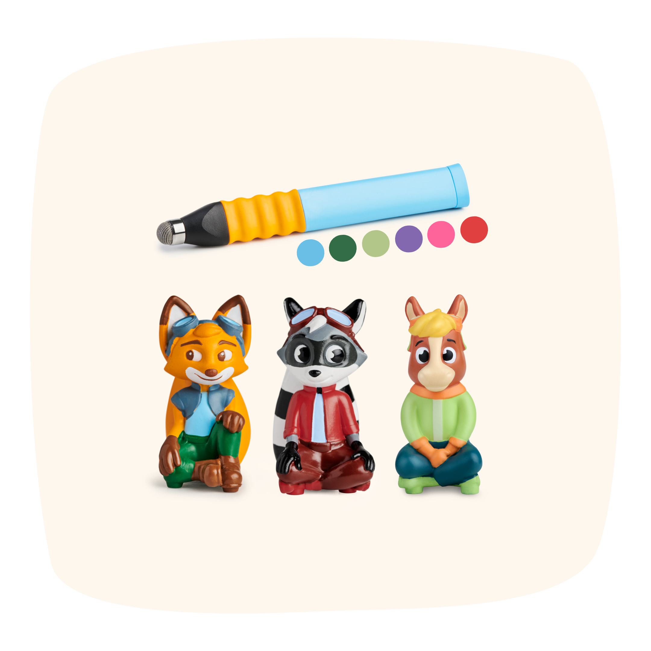 Das Basis Starter-Bundle von Edurino DE enthält einen gelb-blauen Stift, farbige Punkte und drei Tierfiguren: einen Fuchs, einen Waschbär und ein Pferd.