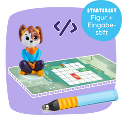 Das Set "Logisches Denken & Coding" von Edurino DE Luca besteht aus einer Hundefigur, einem Stift und einem Codierspielbrett auf lila Hintergrund.