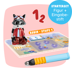 Das Robin "Zahlen & Mengen" - Stufe 1 Starterset von Edurino DE enthält eine Waschbärenfigur, einen interaktiven Stift und ein buntes Spielbrett.