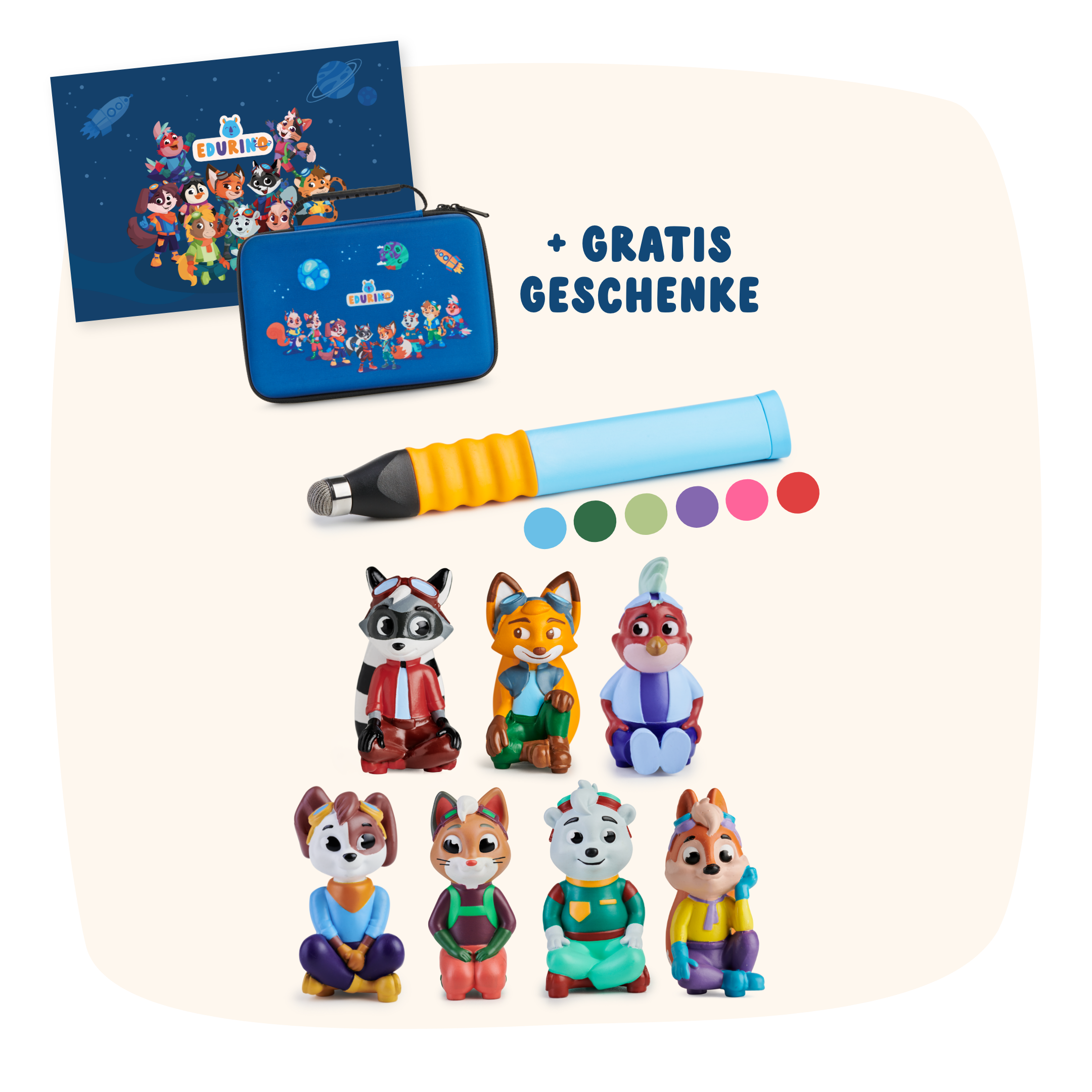 Ultimatives Starter-Bundle von Edurino DE: Enthält Tierfiguren, blauen Koffer, Stift und bunte Discs. + GRATIS GESCHENKE.